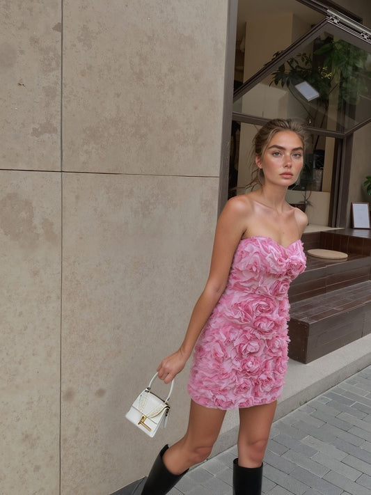 Strapless Mini Jurk | pink flower Modehuis-Nederland