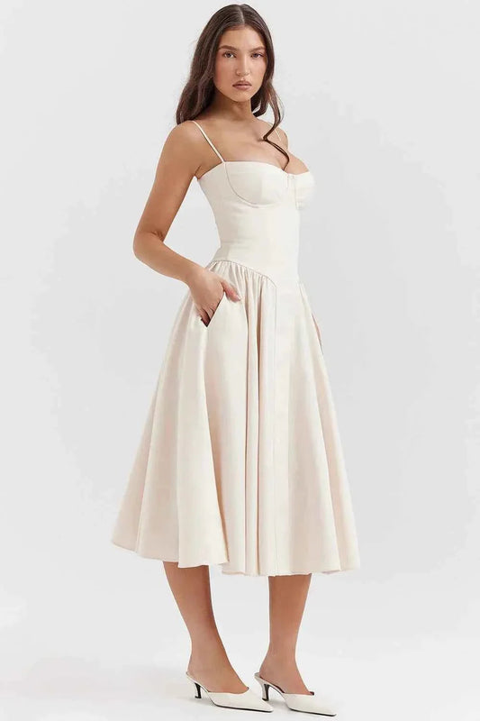 Clara – Midikleid mit Korsagenoberteil, Spaghettiträgern & ausgestelltem Rock Modehuis-Nederland