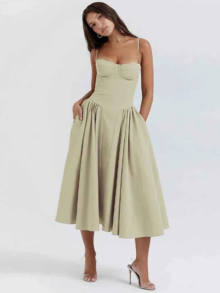 Clara – Midikleid mit Korsagenoberteil, Spaghettiträgern & ausgestelltem Rock Modehuis-Nederland