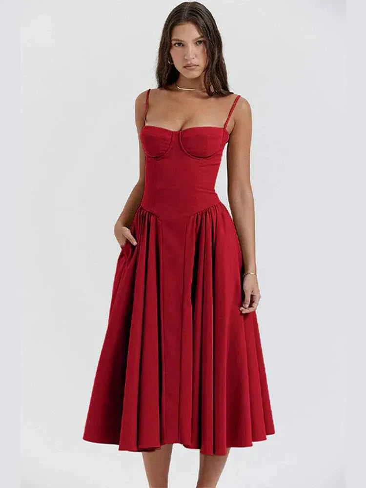 Clara – Midikleid mit Korsagenoberteil, Spaghettiträgern & ausgestelltem Rock Modehuis-Nederland