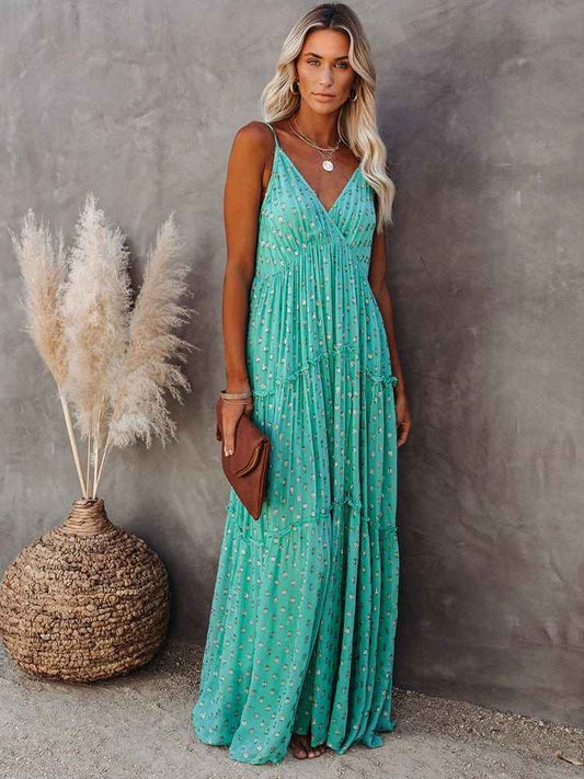 Lyra – Maxikleid mit Blumenmuster, Spaghettiträgern und Stufenrock Modehuis-Nederland