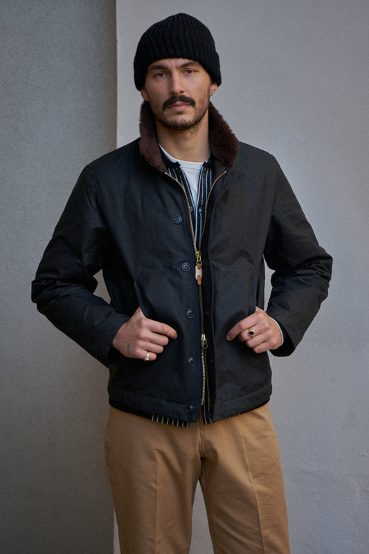 Manifattura Ceccarelli Waxed Deck Jacket Wool Teddy Fur Black Modehuis-Nederland