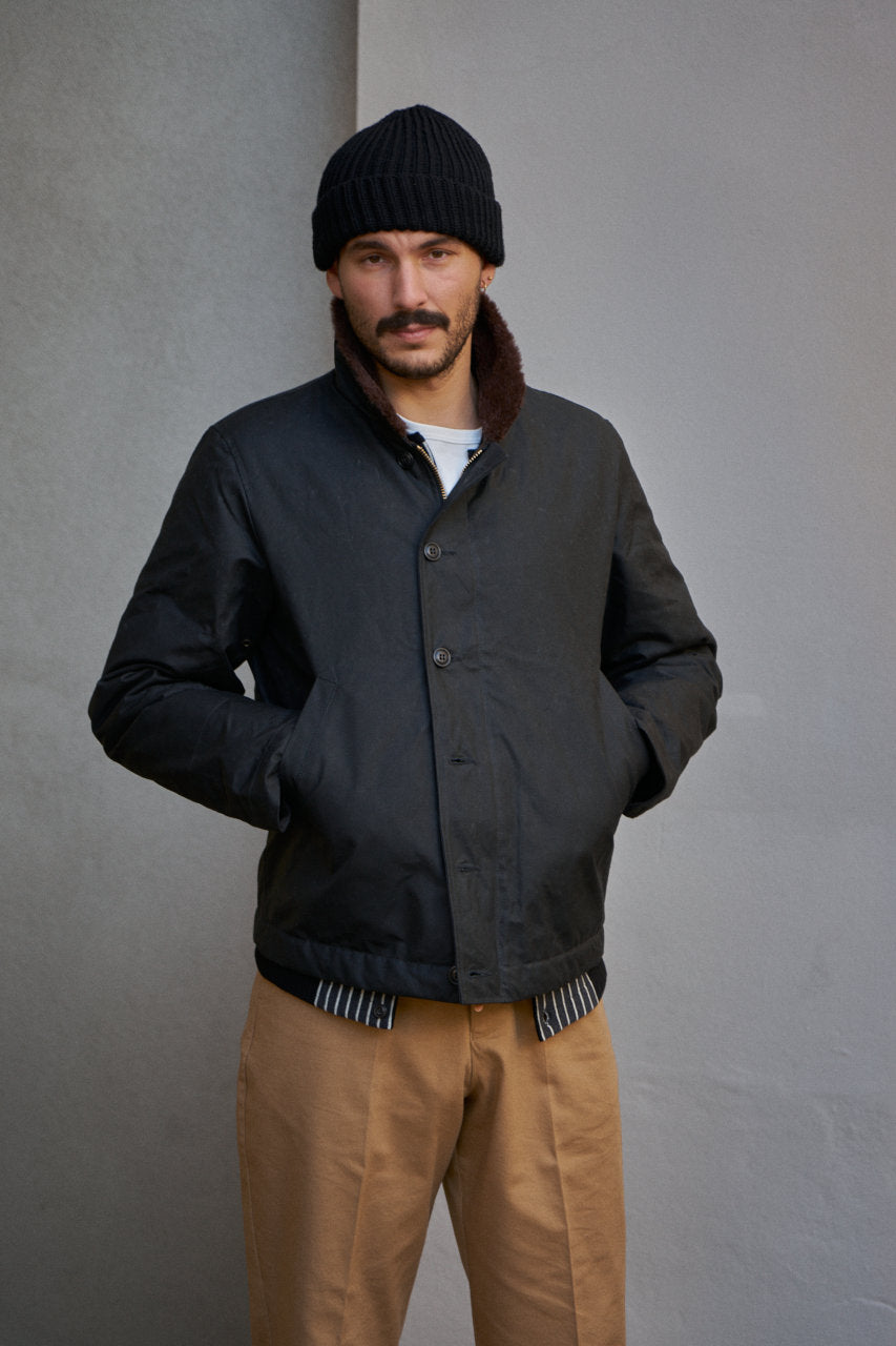 Manifattura Ceccarelli Waxed Deck Jacket Wool Teddy Fur Black Modehuis-Nederland