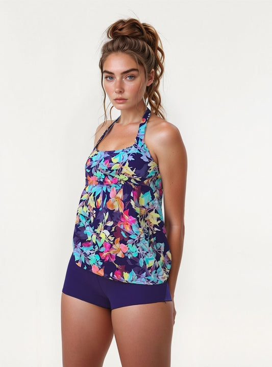 Tweedelig tankini badpak – haltertop met bloemenprint en bijpassende zwembroek Modehuis-Nederland